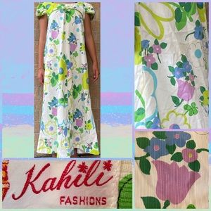 👚Vintage 60s Kahili Large Hawaiian Mumu dress gown tropical floral